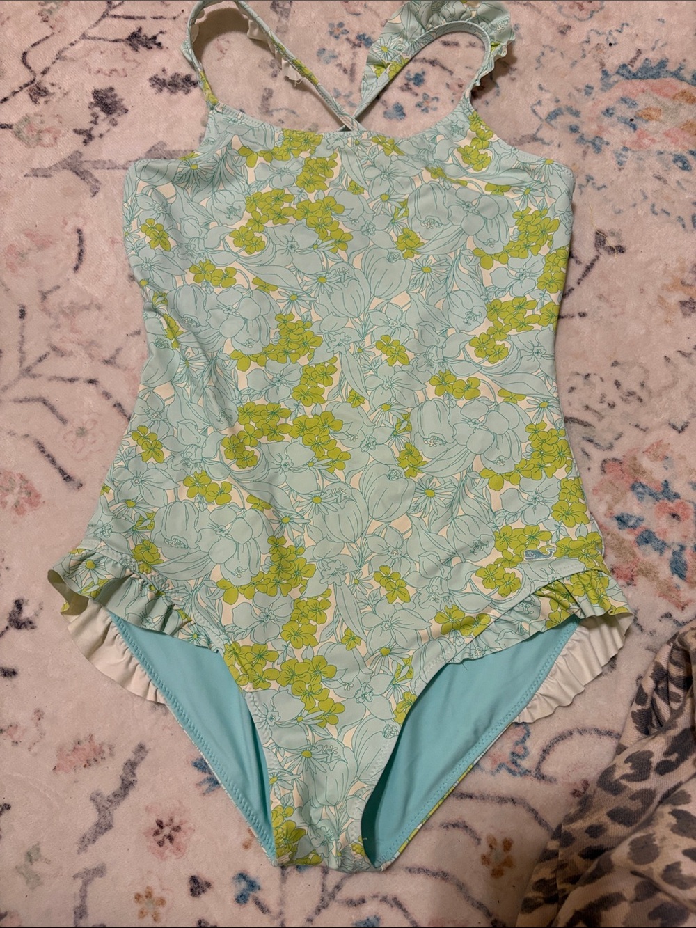 Vineyard Vines Light Blue & Green Floral One-Piece Swimsuit. Size L- Girls 12-14